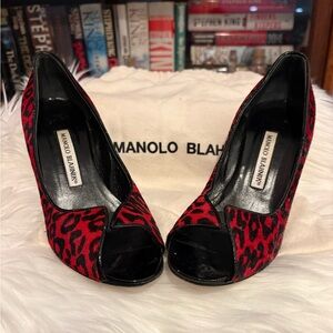 Manolo Blahnik Red and Black Peep Toe Heels